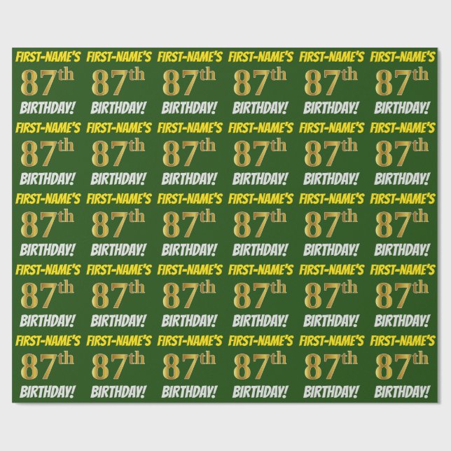 Green, Faux/Imitation Gold, "87th BIRTHDAY" Wrapping Paper (Flat)