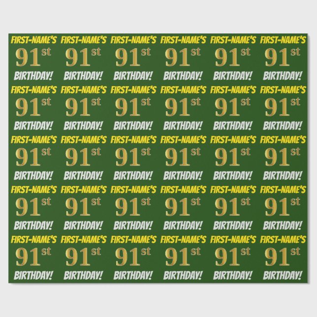 Green, Faux/Imitation Gold, "91st BIRTHDAY" Wrapping Paper (Flat)