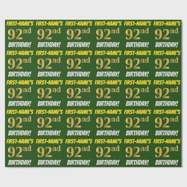 Green, Faux/Imitation Gold, "92nd BIRTHDAY" Wrapping Paper (Flat)