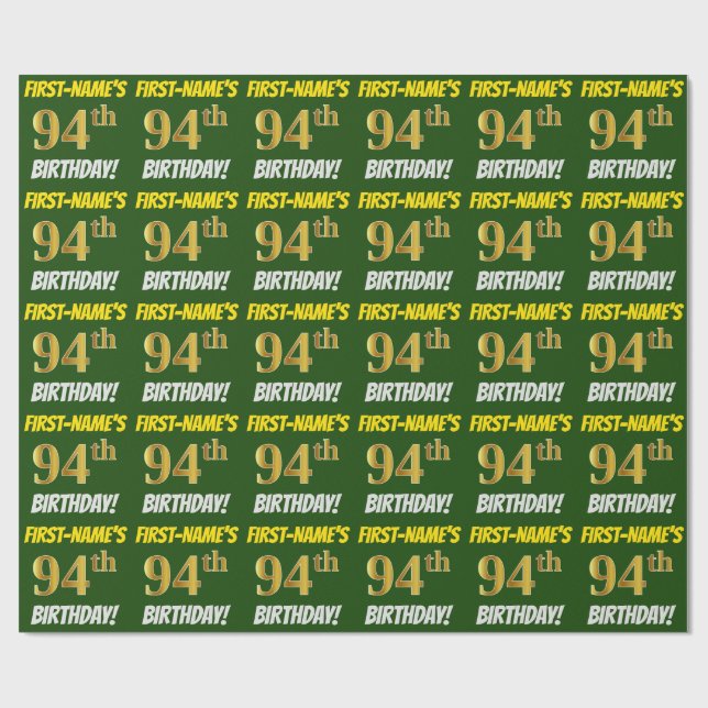 Green, Faux/Imitation Gold, "94th BIRTHDAY" Wrapping Paper (Flat)