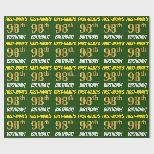 Green, Faux/Imitation Gold, "98th BIRTHDAY" Wrapping Paper (Flat)