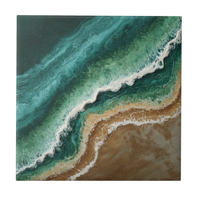 Green Faux Resin Waves Coastal Beach Tile (Front)