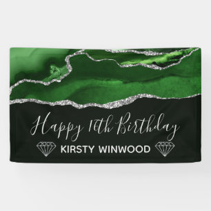 Green & Faux Silver Glitter Agate Sweet 16 Banner
