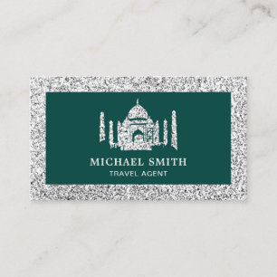 Green Faux Silver Glitter Taj Mahal Travel Agent Business Card
