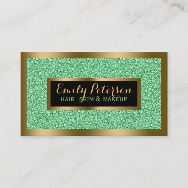 Green Fax Glitter Gold Accents Makeup Business Card (Front)