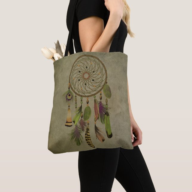 Green Feathers | Boho Dreamcatcher Tote Bag (Close Up)