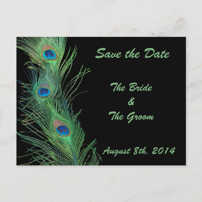 Green Feathers with Black Save the Date Announcement Postcard (Front)