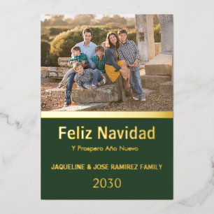 Green Feliz Navidad Spanish Family Photo Gold Foil Holiday Card