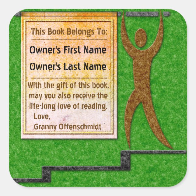 Green Felt Banner Man Personalised Bookplate Square Sticker (Front)