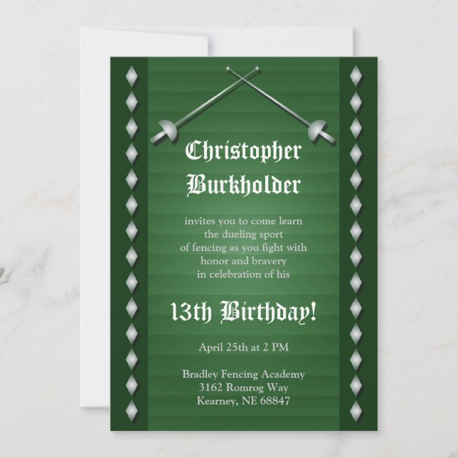 Green Fencing Birthday Party Invitation (Front)