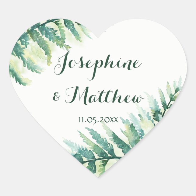 Green Fern Foliage Watercolor Wedding Heart Sticker (Front)