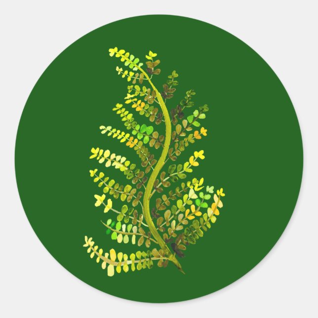 Green fern leaf plant art classic round sticker (Front)