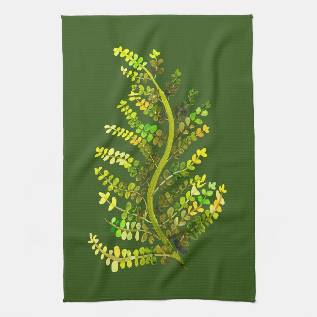 Green fern leaf plant art tea towel (Vertical)
