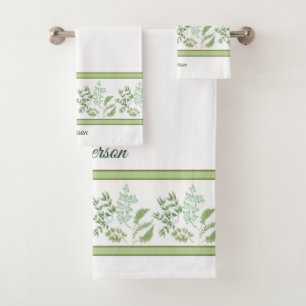 Green Fern Leaves and Branches with custom name Bath Towel Set