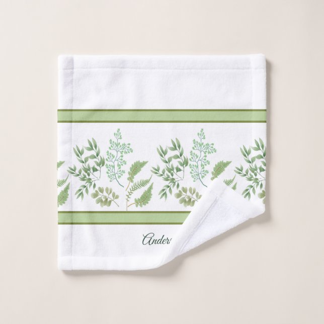Green Fern Leaves and Branches with custom name Wash Cloth (Wash Cloth)