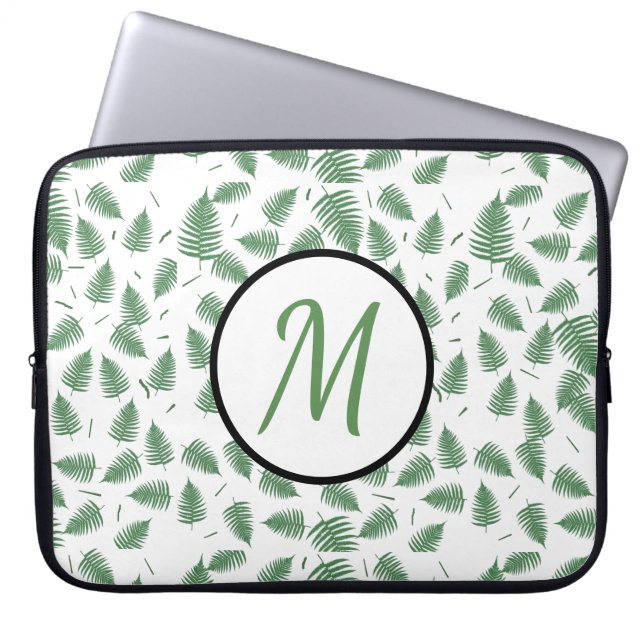 Green Fern Leaves Monogram Computer Laptop Sleeve (Front)