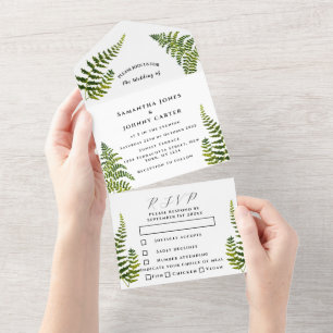 Green Fern Watercolor Foliage Botanical Wedding All In One Invitation