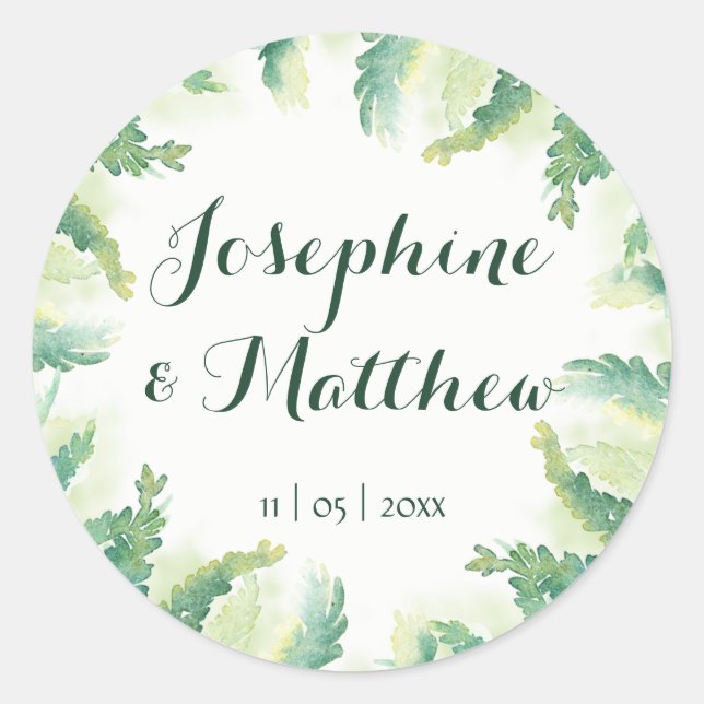 Green Fern Watercolor Personalised Wedding Classic Round Sticker (Front)