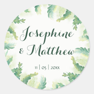Green Fern Watercolor Personalised Wedding Classic Round Sticker