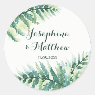 Green Fern Watercolor Wedding Classic Round Sticker