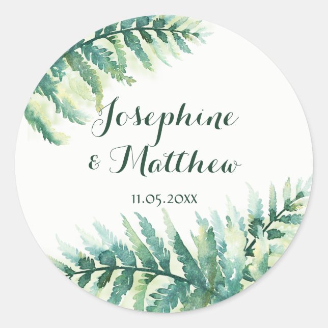 Green Fern Watercolor Wedding Classic Round Sticker (Front)