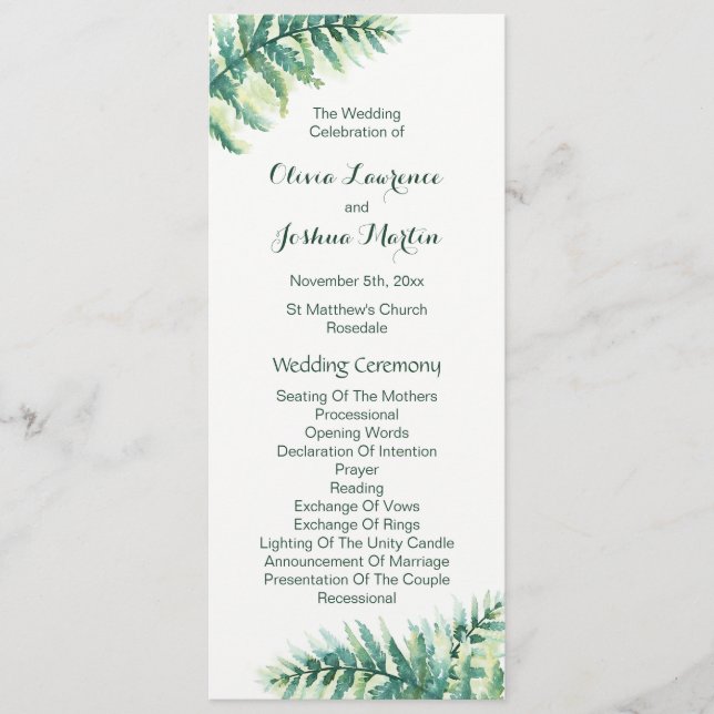 Green Fern Watercolor Wedding Programs Programme (Front)