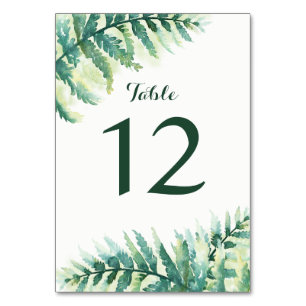Green Fern Watercolor Wedding Table Number