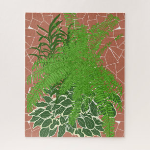 Green Ferns and Hostas on terracotta mosaic Jigsaw Puzzle