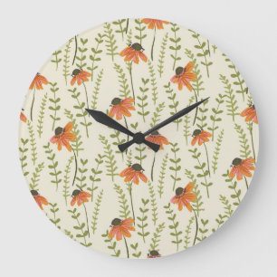 Green ferns, orange flowers, nature. large clock