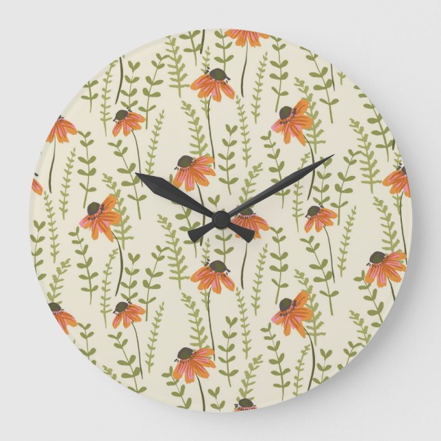 Green ferns, orange flowers, nature. large clock (Front)