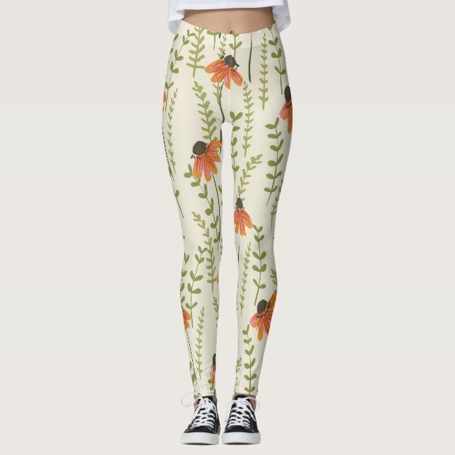 Green ferns, orange flowers, nature. leggings (Front)