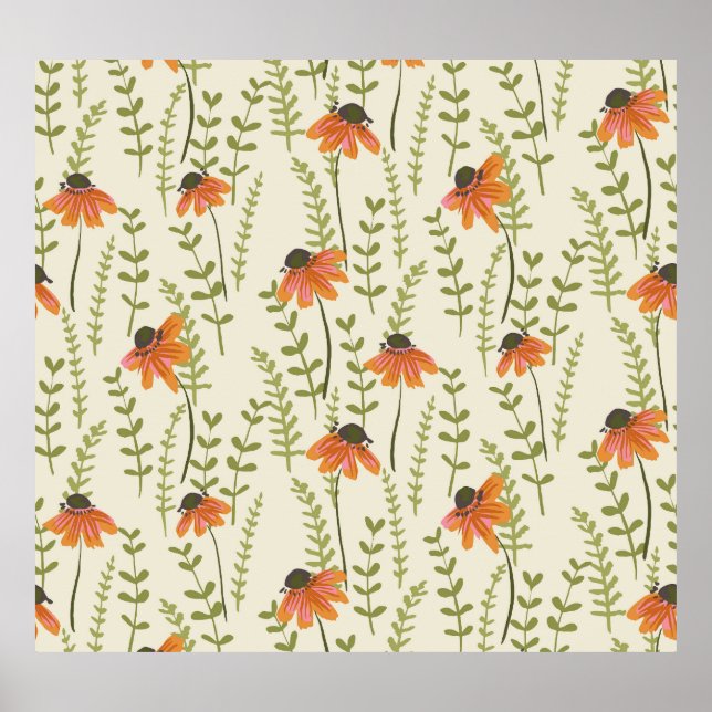 Green ferns, orange flowers, nature. poster (Front)