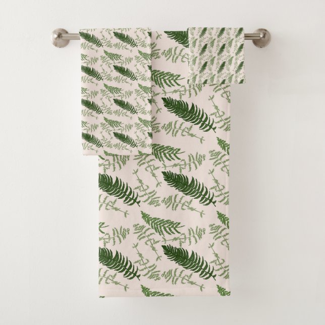Green ferns repeat surface pattern  bath towel set (Insitu)