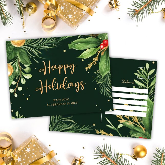 Green Festive Botanical Christmas Elegant Modern Holiday Postcard (Green Festive Botanical Christmas Elegant Modern Holiday Postcard)