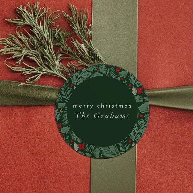 Green Festive Botanical Holiday Classic Round Sticker (Green Festive Botanical Holiday Classic Round Sticker)
