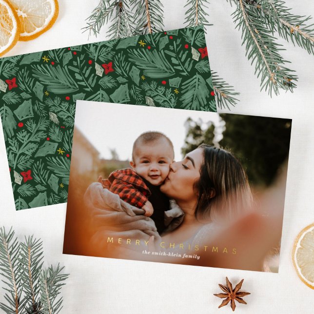 Green Festive Botanical Photo Gold Foil Holiday Card (Gold foil Merry Christmas photo holiday card with festive botanical pattern on back.)