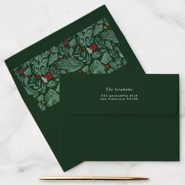 Green Festive Botanical Return Address Envelope (Deep Green Festive Botanical Return Address Envelope with Patterned Liner)