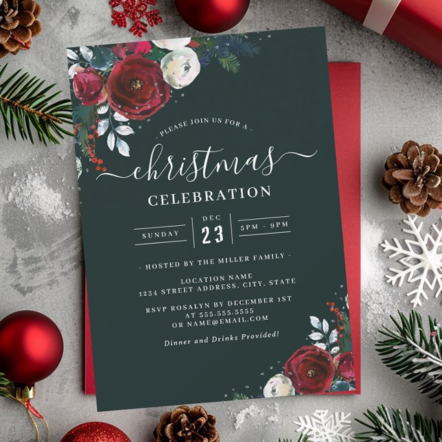 Green Festive Floral Red Christmas Party  Invitation (Creator Uploaded)