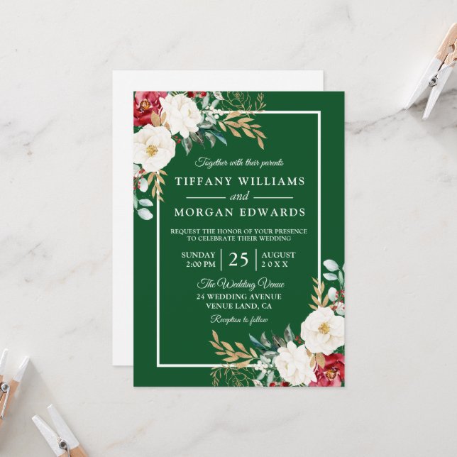 Green Festive Red White Elegant Floral Wedding Invitation (Front/Back In Situ)