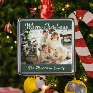 Green Festive Script Family Photo Merry Christmas Metal Tree Decoration