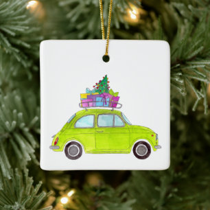 Green Fiat 500 with Christmas Gifts Watercolor Ceramic Ornament