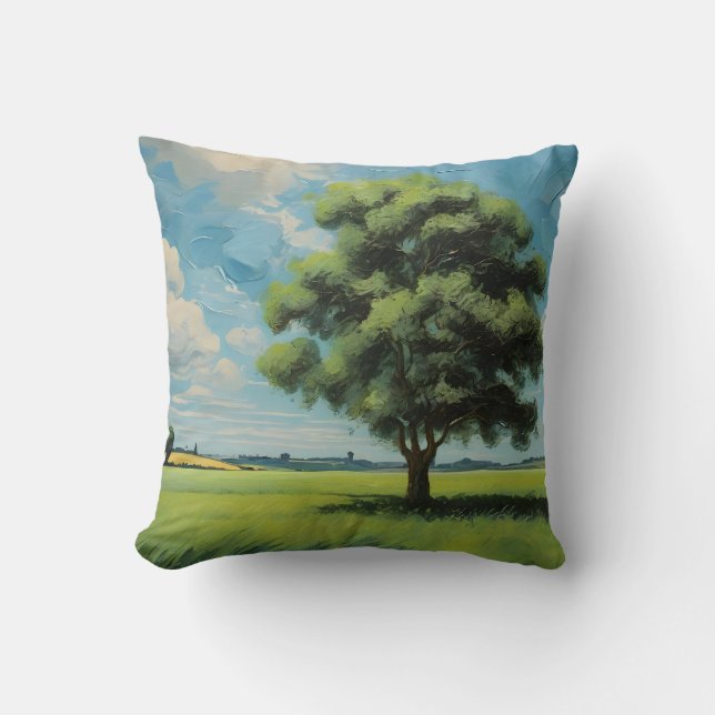 Green Field Tree and Blue Sky Cushion (Front)