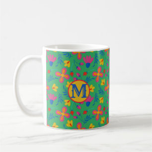 Green Fiesta Floral Customised Initial  Coffee Mug