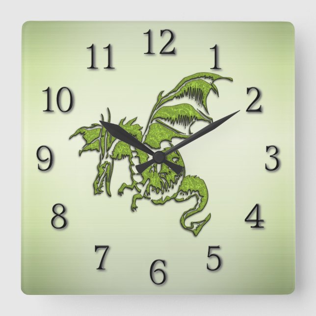 Green Fighting Dragon Square Wall Clock (Front)