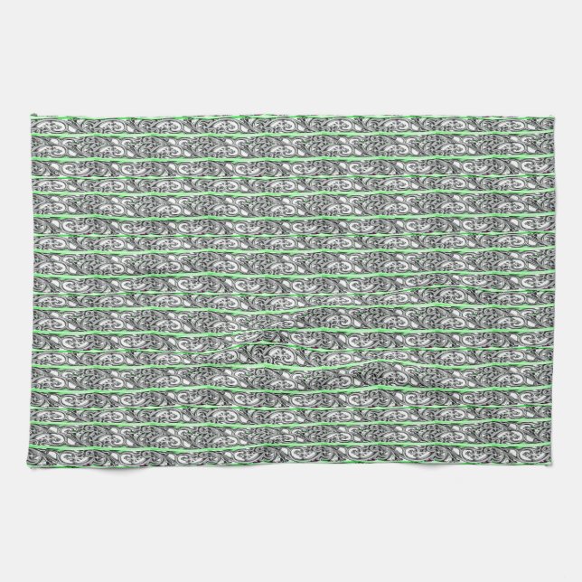 Green Filigree Cross Pattern Design Tea Towel (Horizontal)