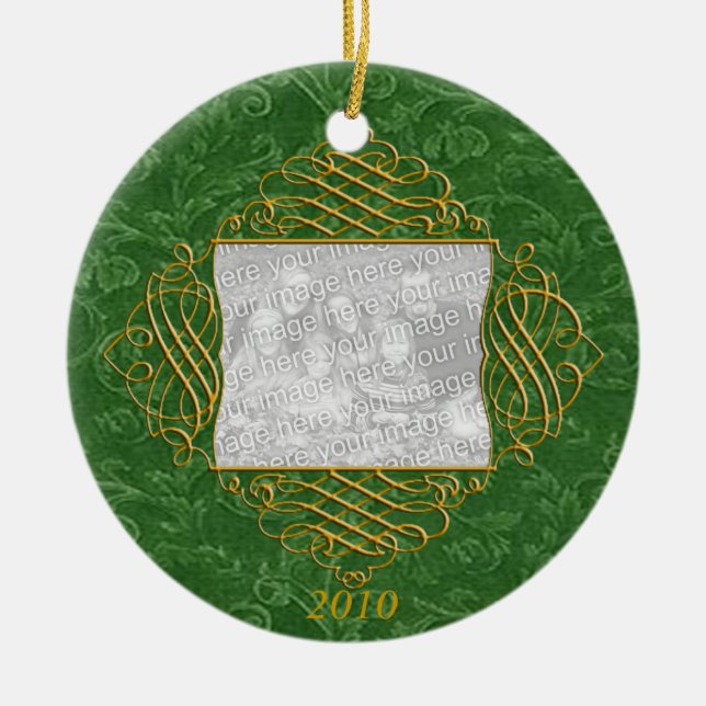 Green Filigree Family Photo Ornament (Front)