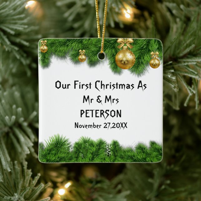Green Fir Tree First Christmas Married Photo Ceramic Ornament (Tree)