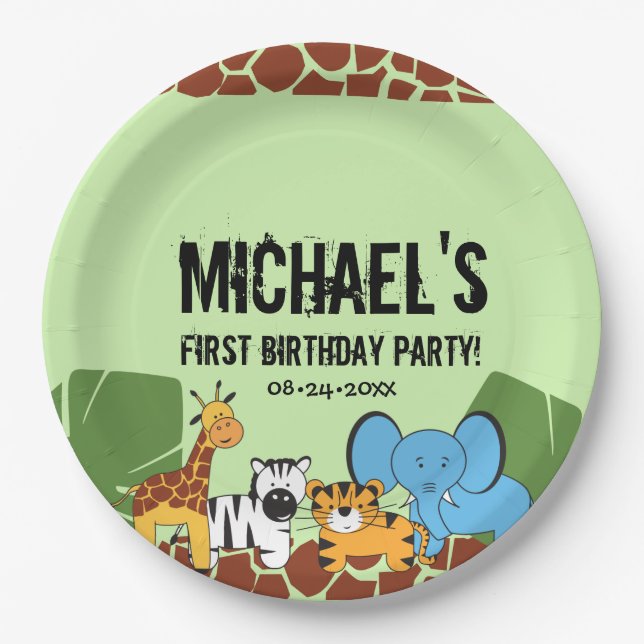 Green first Birthday Jungle Safari theme Paper Plate (Front)