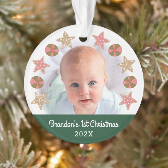 Green First Christmas Baby Photo Gingerbread Boy Ornament (Tree)
