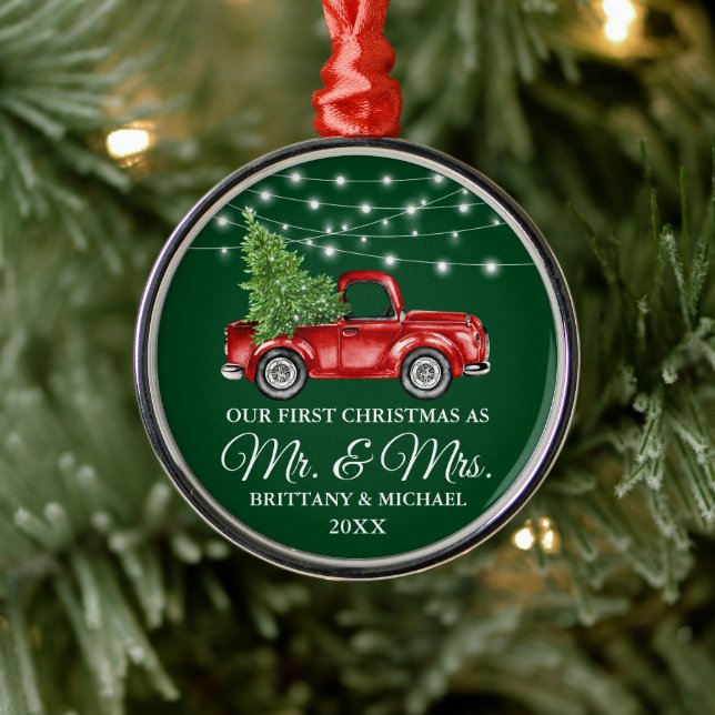 Green First Christmas Mr and Mrs Lights Truck Metal Tree Decoration (Tree)